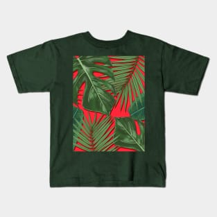 Monstera, Spider Palm, Tropical Leaves Print on Red Kids T-Shirt